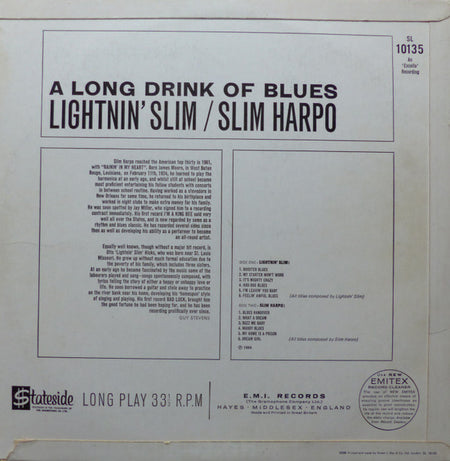 Lightnin' Slim*, Slim Harpo : A Long Drink Of Blues (LP, Comp, Mono)