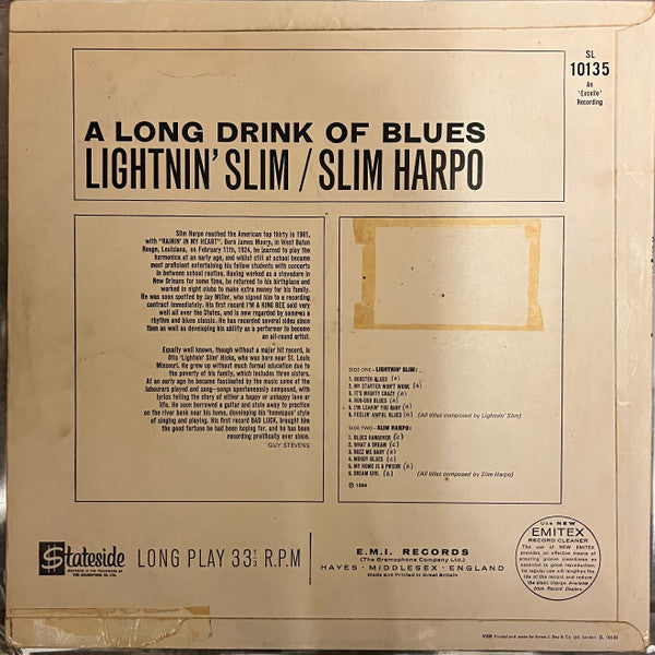 Lightnin' Slim*, Slim Harpo : A Long Drink Of Blues (LP, Comp, Mono)