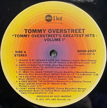 Tommy Overstreet : Greatest Hits Vol. One (LP, Album, Comp)