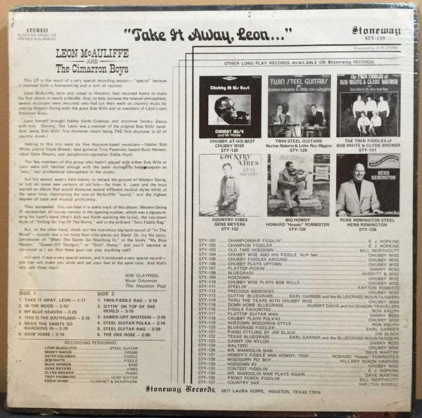 Leon McAuliffe And His Cimarron Boys : Take It Away, Leon (LP, Album)