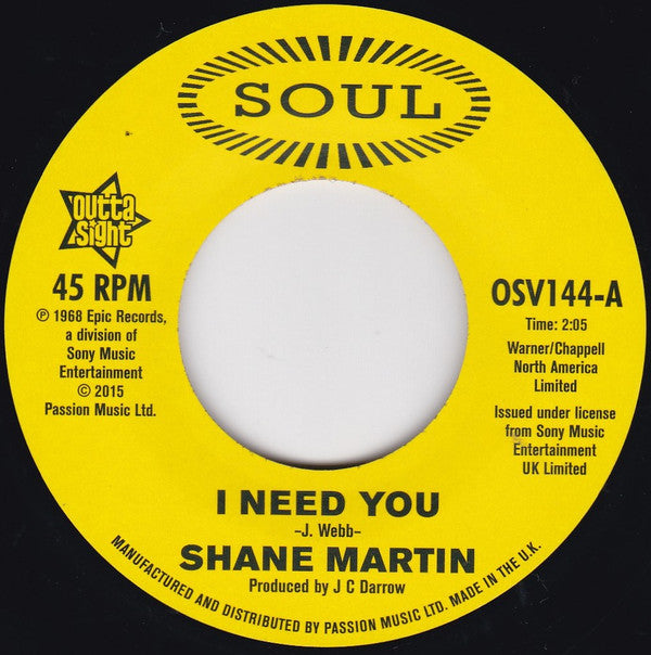 Shane Martin (2) / Taj Mahal :  I Need You / A Lot Of Love (7")