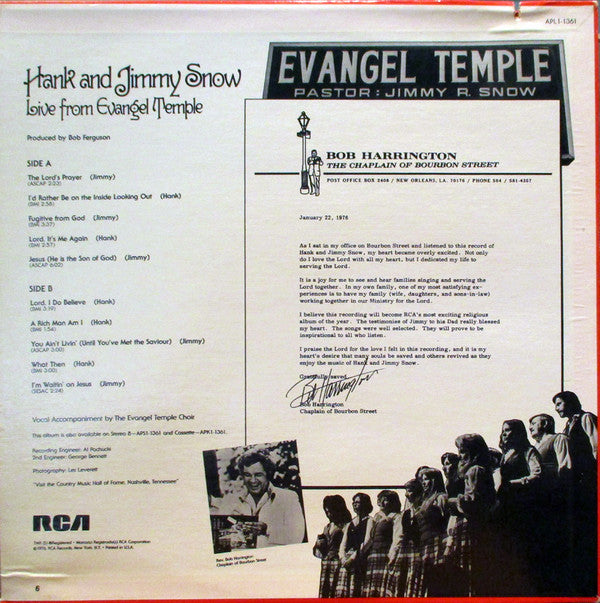 Hank Snow & Jimmy Snow With The Evangel Temple Choir : Live From Evangel Temple (LP, Album)