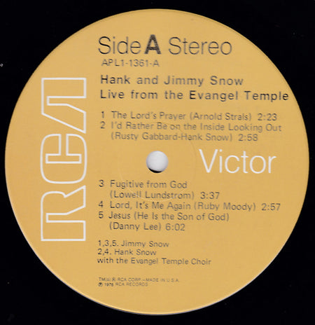Hank Snow & Jimmy Snow With The Evangel Temple Choir : Live From Evangel Temple (LP, Album)