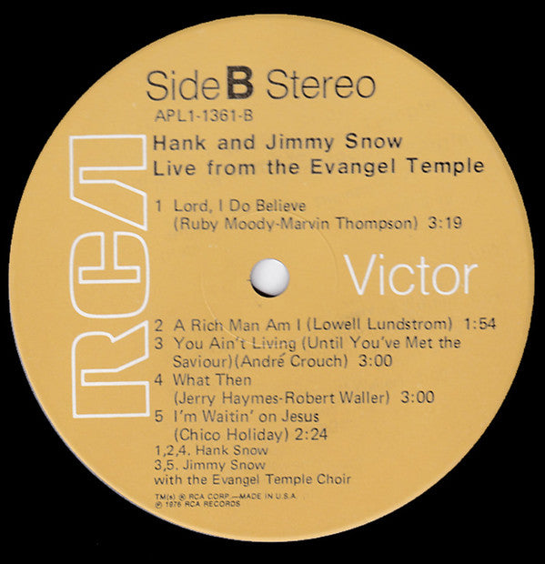 Hank Snow & Jimmy Snow With The Evangel Temple Choir : Live From Evangel Temple (LP, Album)