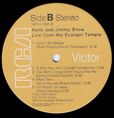 Hank Snow & Jimmy Snow With The Evangel Temple Choir : Live From Evangel Temple (LP, Album)