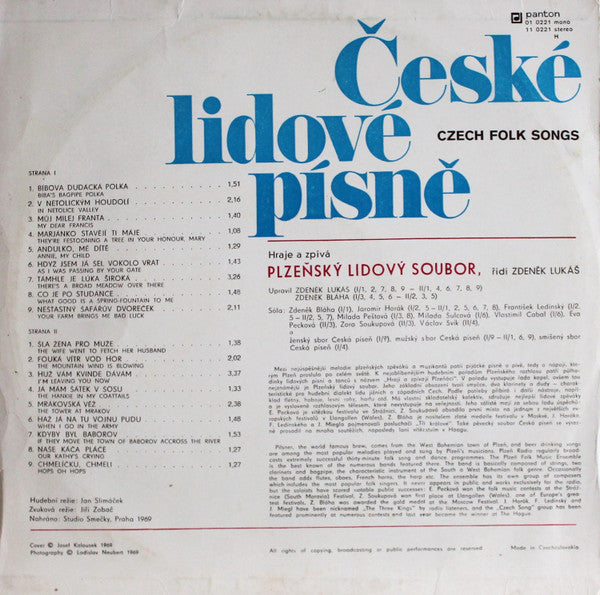 Plzeňský Lidový Soubor : České Lidové Písně = Czech Folk Songs (LP, RP)