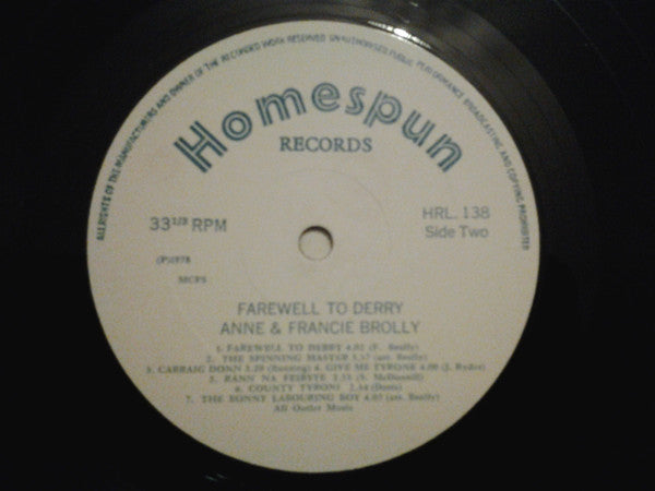Anne And Francie Brolly : Farewell To Derry (LP)
