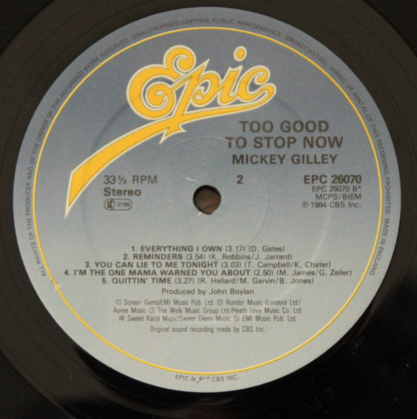 Mickey Gilley : Too Good To Stop Now (LP, Album)