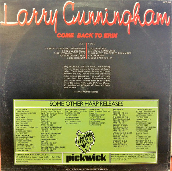 Larry Cunningham (2) : Come Back To Erin (LP, Album, Comp)