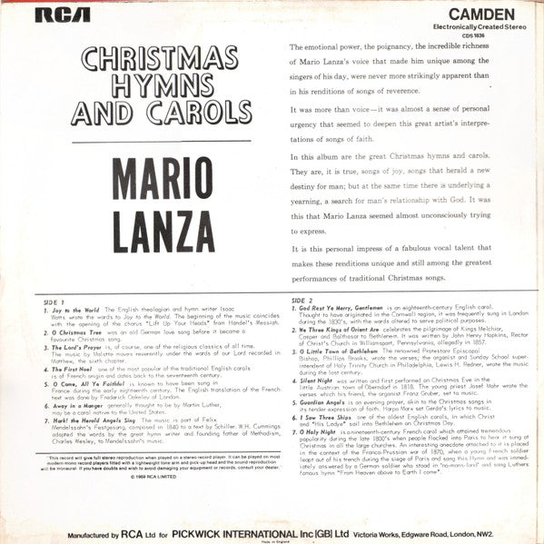 Mario Lanza : Christmas Hymns & Carols (LP, Comp)