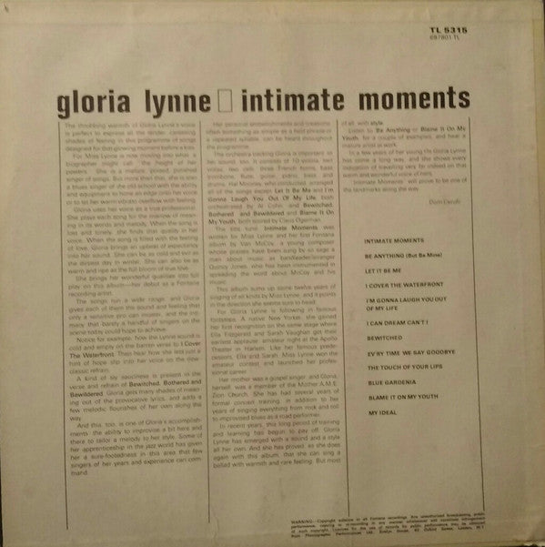 Gloria Lynne : Intimate Moments (LP, Album, Mono)