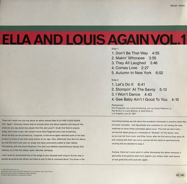 Ella Fitzgerald And Louis Armstrong : Ella And Louis Again-Vol. 1 (LP, Album, Mono, RE)