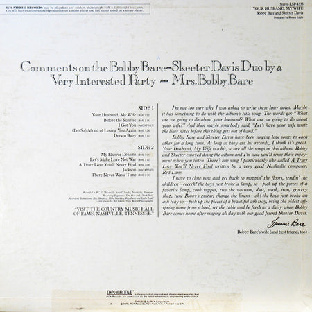 Bobby Bare And Skeeter Davis : Your Husband, My Wife (LP, Album)