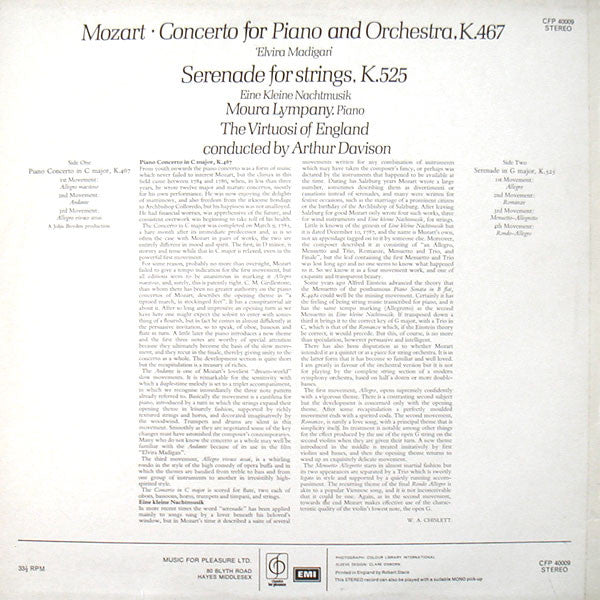 Mozart* - Moura Lympany*, The Virtuosi Of England, Arthur Davison : Piano Concerto No. 21 "Elvira Madigan" - Eine Kleine Nachtmusik (LP, RP)